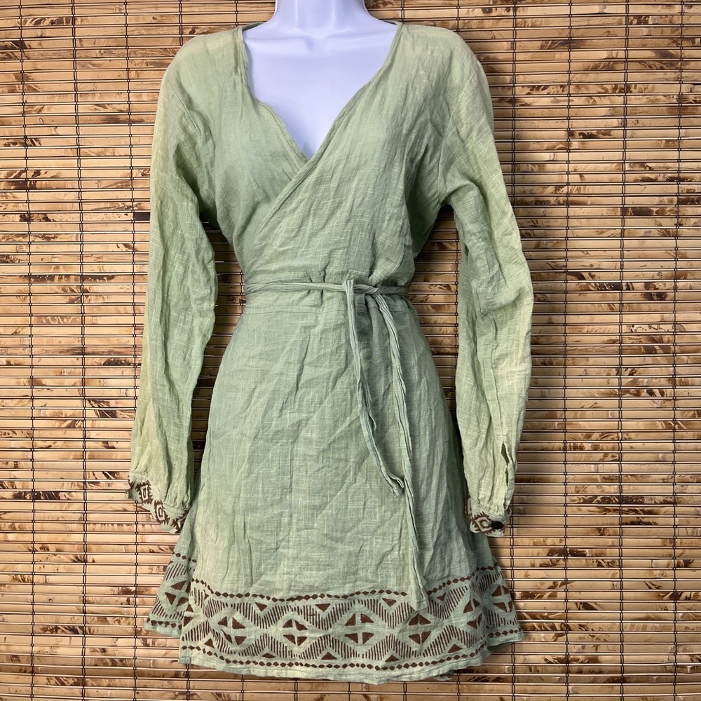Yamuna Designs Wrap Dress Women Green Cotton Mini Boho Geometric Block‎ Print
